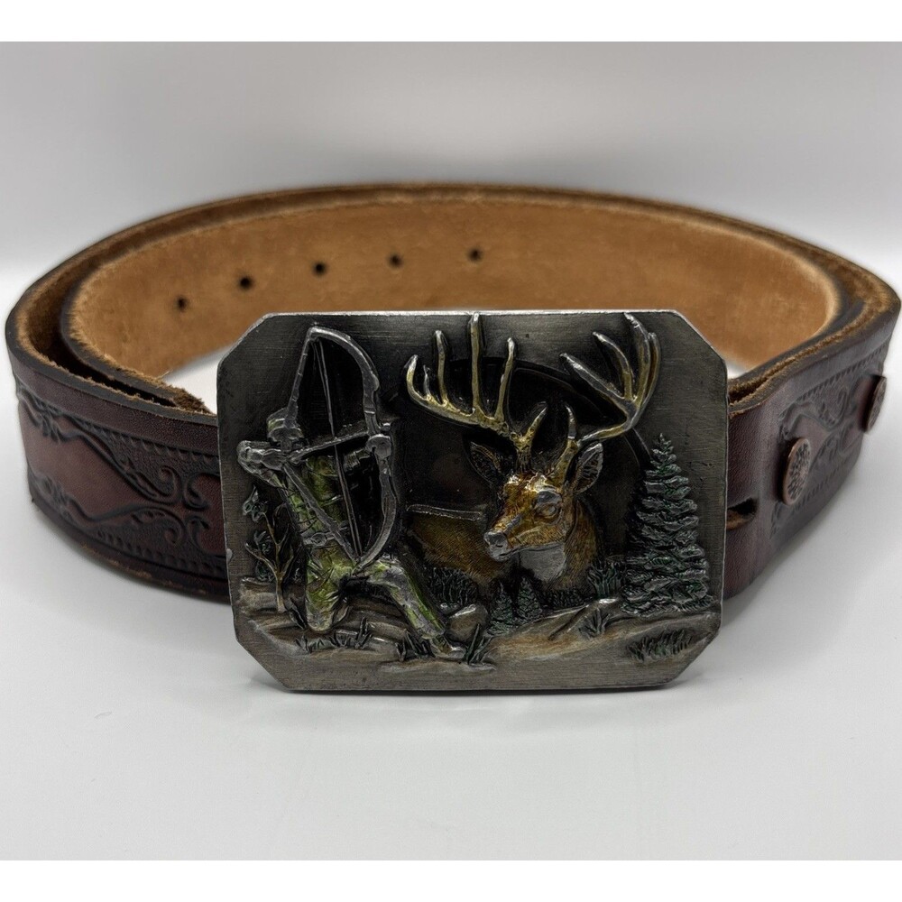 Vintage Bergamot‎ Bowhunter Reward Pewter Belt Buckle Leather Western Tooled USA